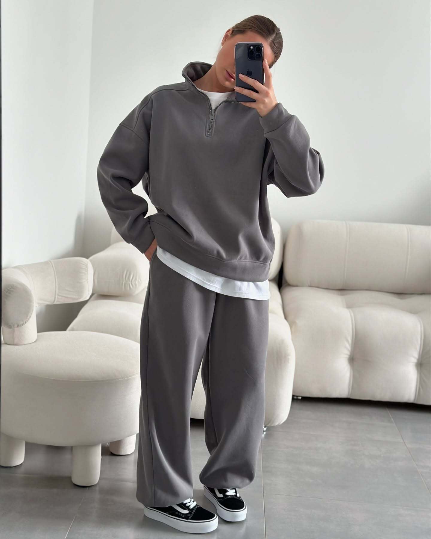 Damen Fleece Zip Hoodie Bequem Lässiger Schnitt Weite Ärmel Grau
