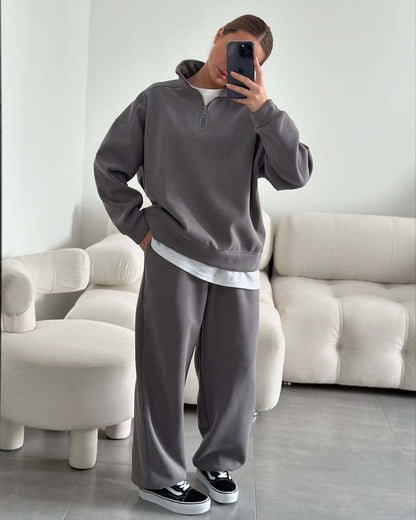 Damen Fleece Zip Hoodie Bequem Lässiger Schnitt Weite Ärmel Grau