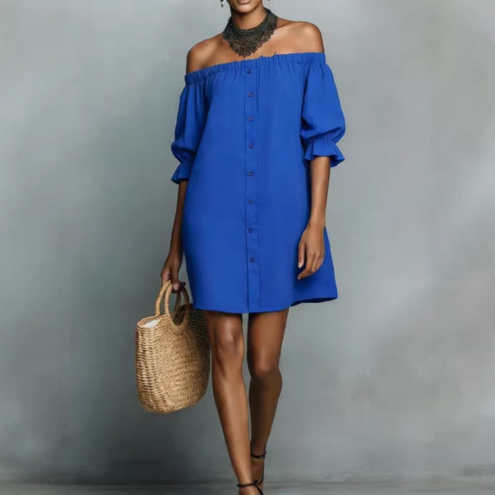 Damen Off-Shoulder-Kleid mit Knopf- und Rüschen-Details