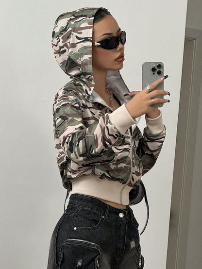 Damen Kapuzenjacke Kurz Camouflage Stil Eveloria