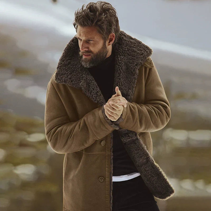 Herren Mantel Shearling-Kragen Fleece gefüttert Mid-Length