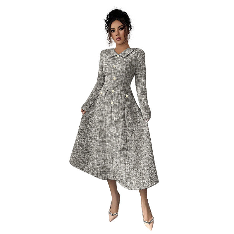 Damen Tweed-Kleid Elegantes Design Mit Taschen
