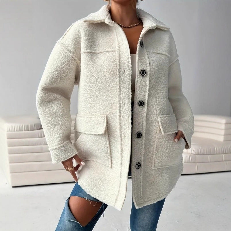 Damen Teddy Mantel Weiß Oversized mit Knöpfen und Taschen