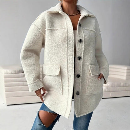 Damen Teddy Mantel Weiß Oversized mit Knöpfen und Taschen