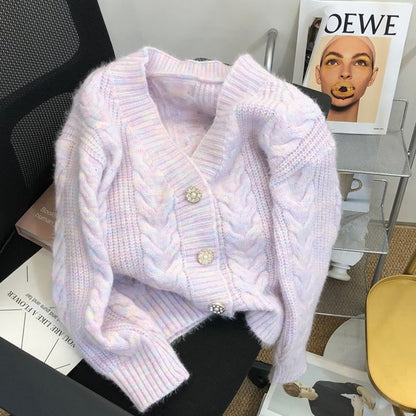 Damen Strickjacke Kuschelig Zopfmuster Edle Knöpfe Beige