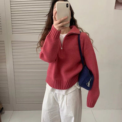 Damen Pullover Stehkragen Reißverschluss Kuschelig Gestrickt Eveloria