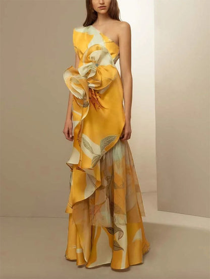Damen Abendkleid Asymmetrisch Rüschen Eveloria