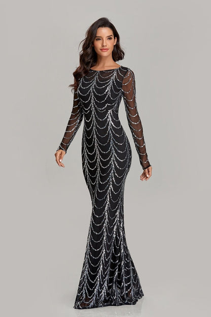 Damen Abendkleid Figurbetont Pailletten Ärmel Durchsichtig
