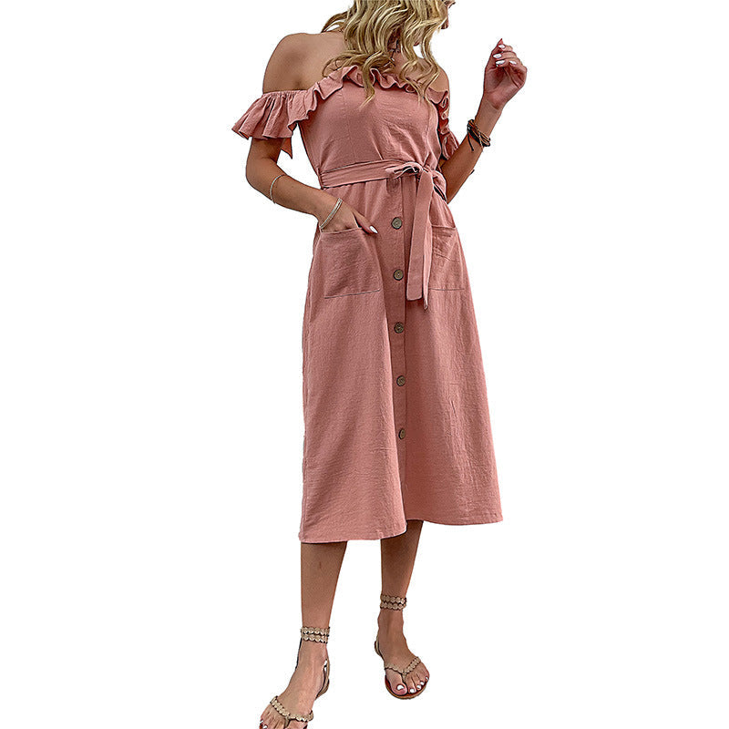 Damen Off-Shoulder Midi-Kleid Rüschendetails Bindegürtel Eveloria