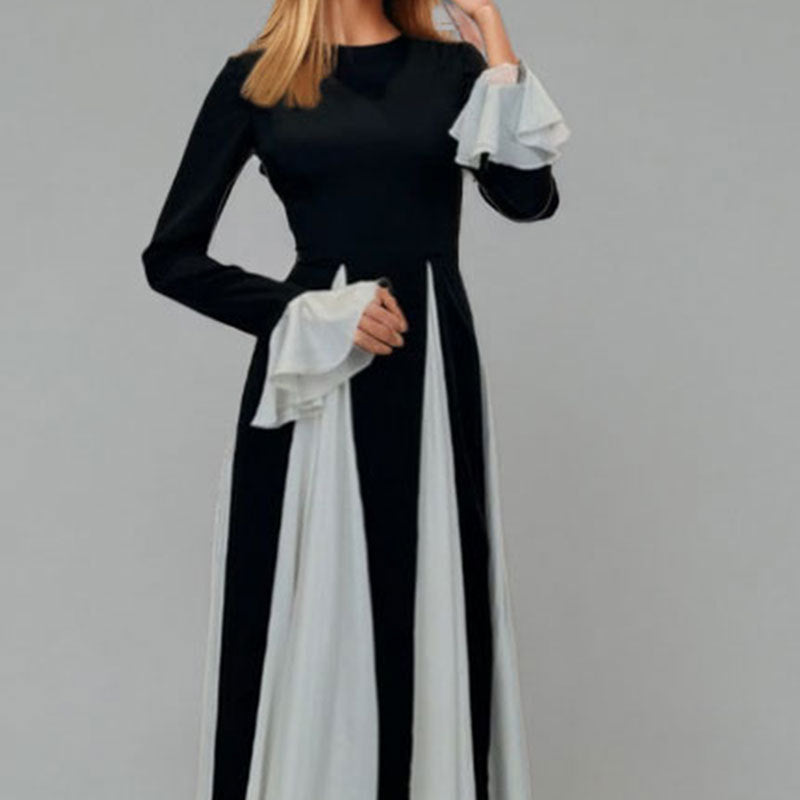 Damen Maxikleid mit Trompetenärmeln und Farbkontrast