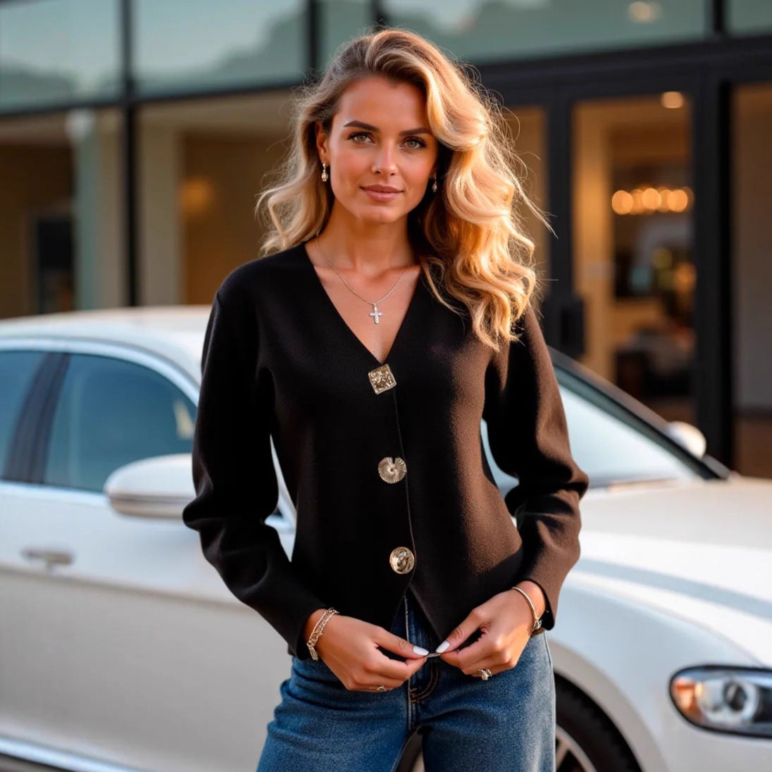 Damen Strickjacke V-Ausschnitt Goldknöpfe Eveloria