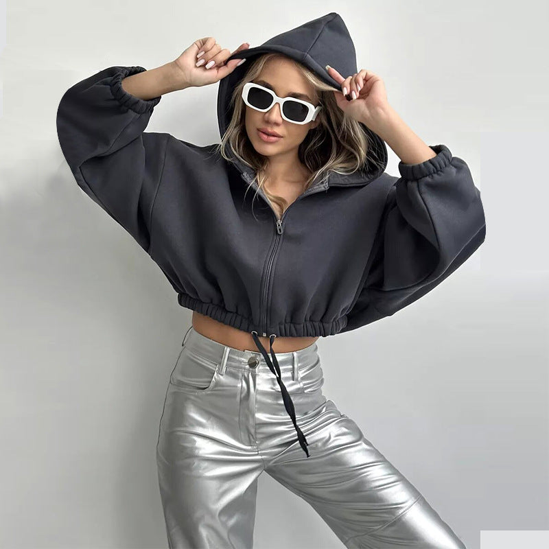 Damen Cropped Hoodie Weitem Schnitt Kordelzug Grau Eveloria