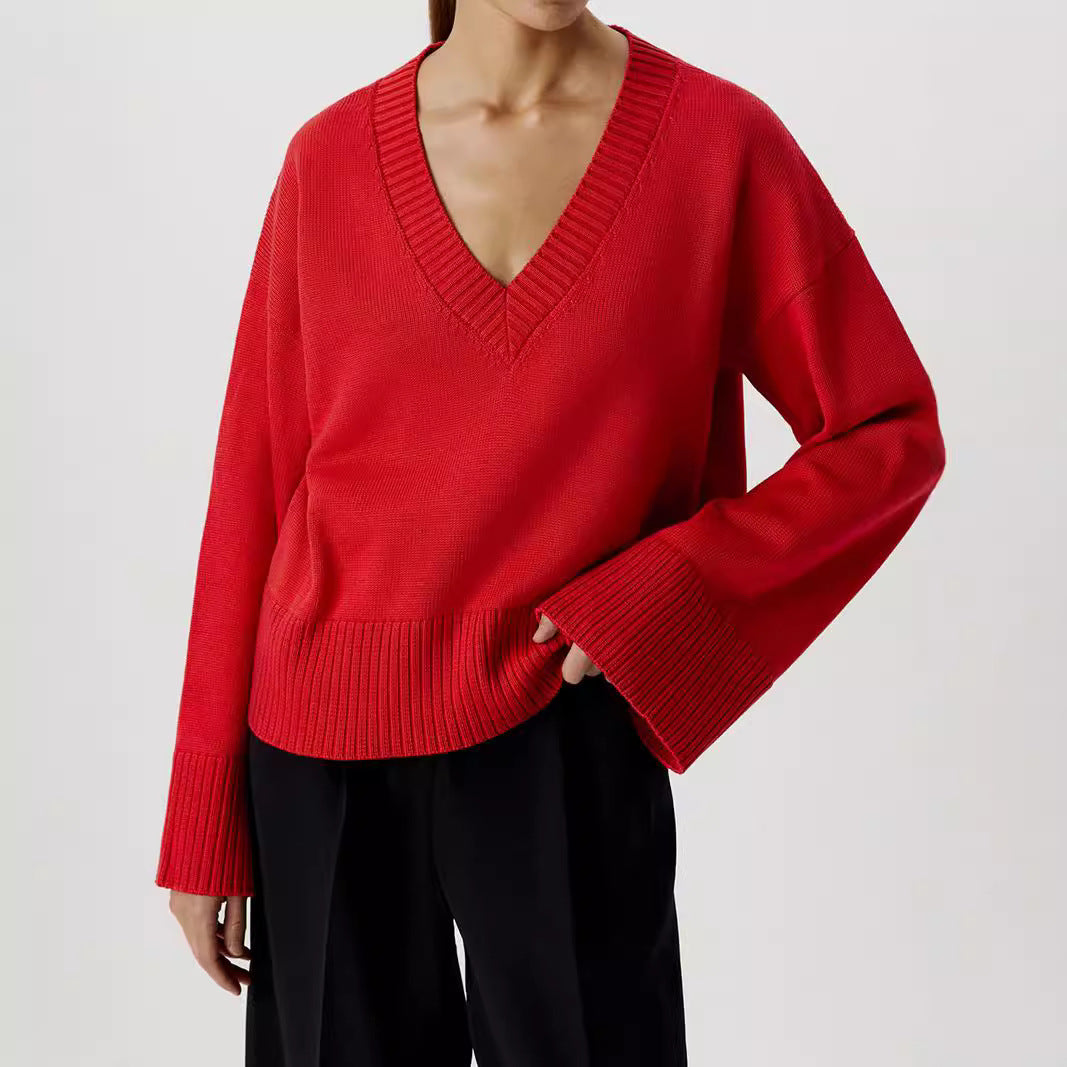Damen Strickpullover V-Ausschnitt Breite Bündchen Eveloria