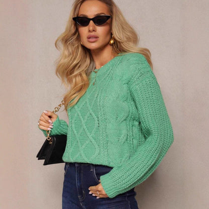 Damen Grobstrickpullover mit Zopfmuster Weite Ärmel Beige