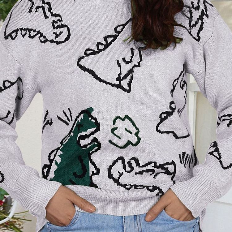 Damen Pullover Dinosaurier Motiv Lässiger Schnitt Eveloria
