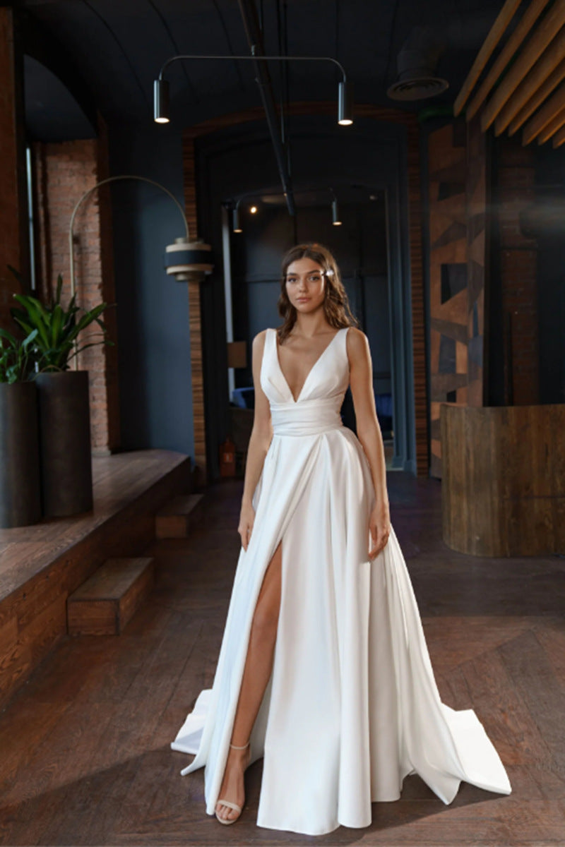 Eveloria Damen Hochzeitskleid V-Ausschnitt Seitenschlitz