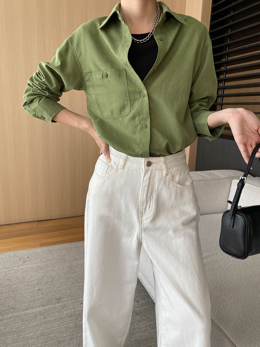 Damen Bluse Lässig Langärmlig Mit Brusttasche Beige