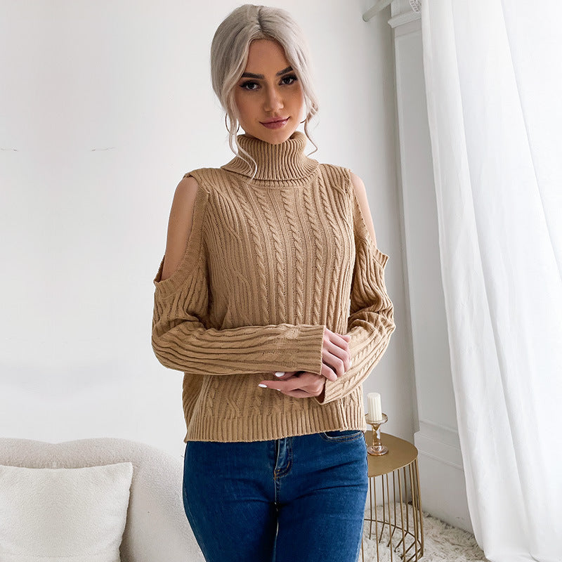 Damen Off-Shoulder Strickpullover Hoher Kragen Eveloria