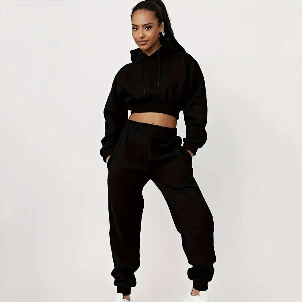 Damen Cropped Sweatanzug Elastisch Mit Kordelzug Beige