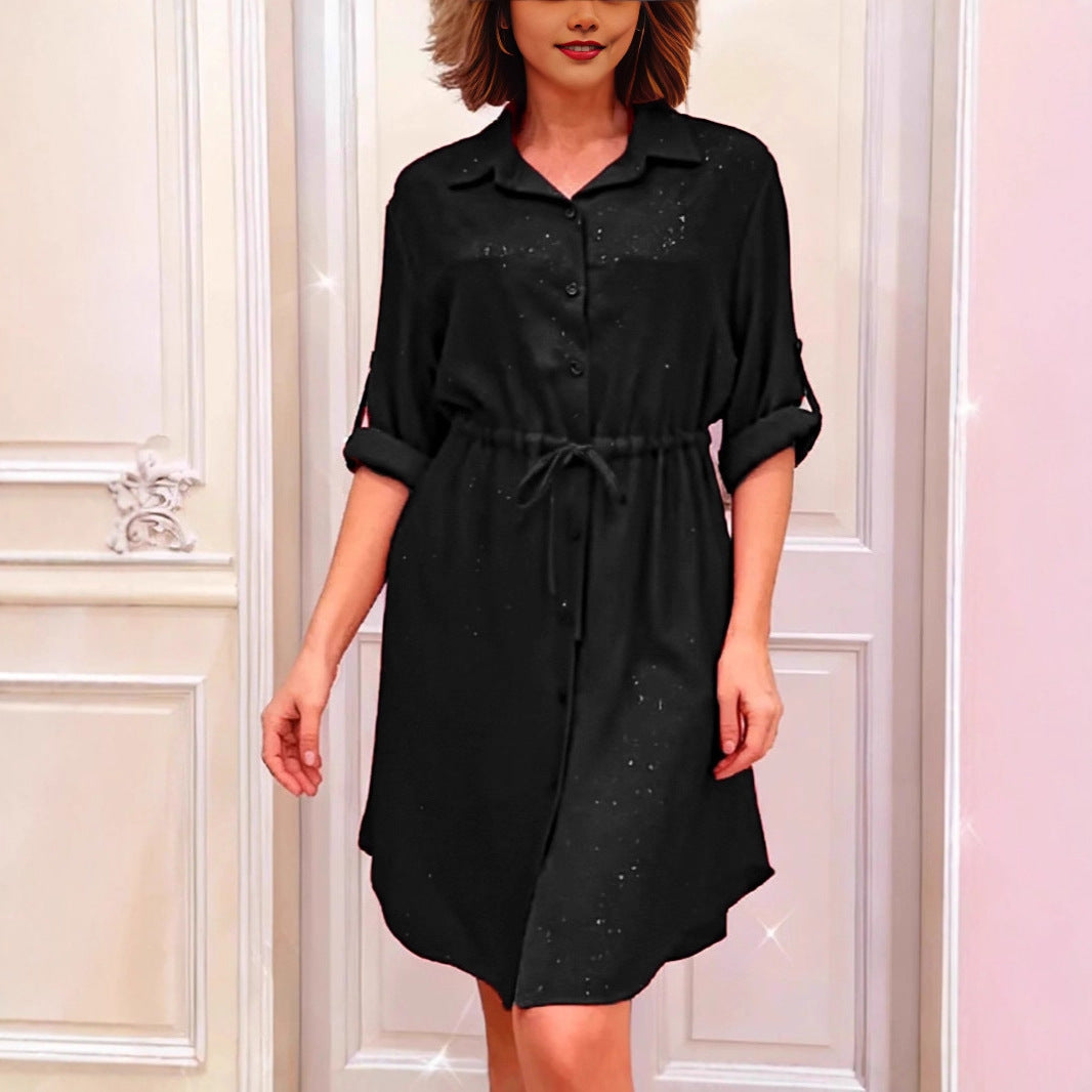 Damen Hemdblusenkleid Taillenzug Schimmernd Eveloria