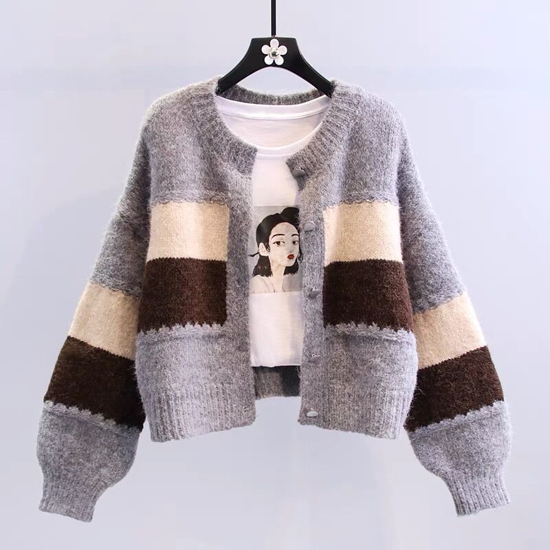 Damen Strickjacke Kontraststreifen Weiß