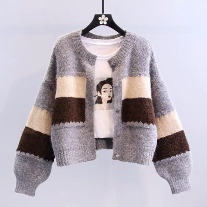 Damen Strickjacke Kontraststreifen Weiß