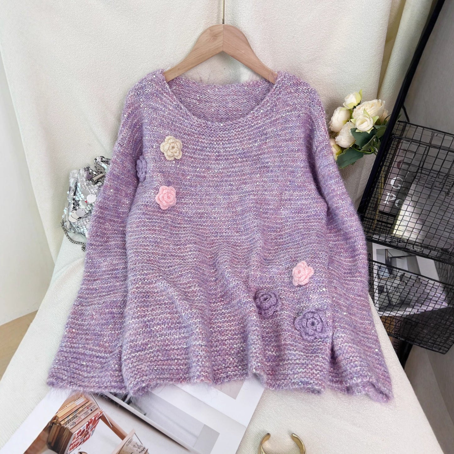 Damen Strickpullover Florales 3D-Design Eveloria