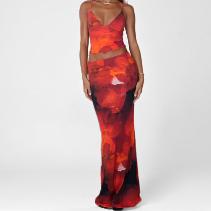 Damen Ensemble Spaghettiträger Blumenmuster Baumwolle Eveloria