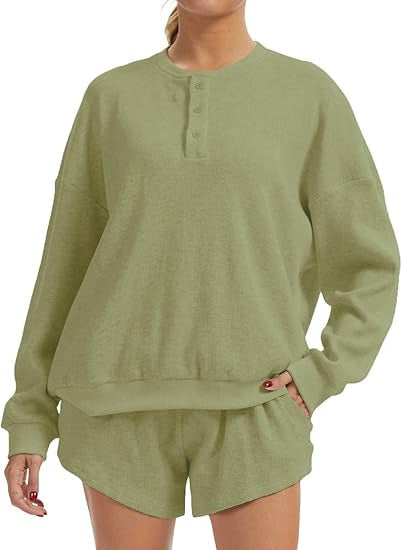 Damen Oversized Pullover Shorts Set Baumwolle Beige