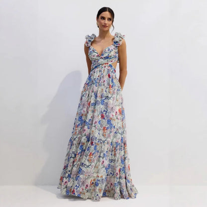 Damen Maxikleid Floralmuster Rüschen Schwarz - Eveloria