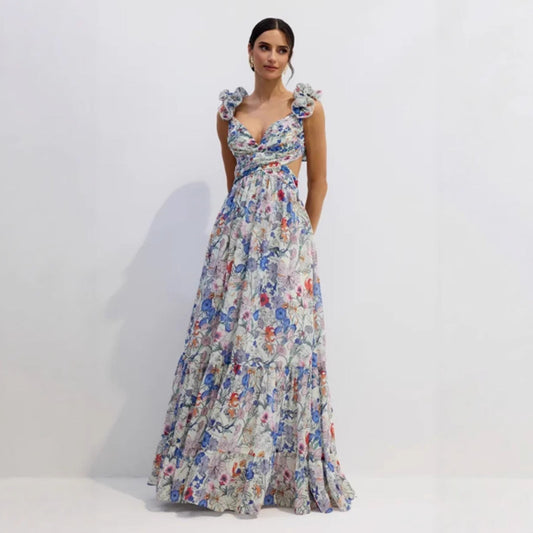 Damen Maxikleid Floralmuster Rüschen Schwarz - Eveloria