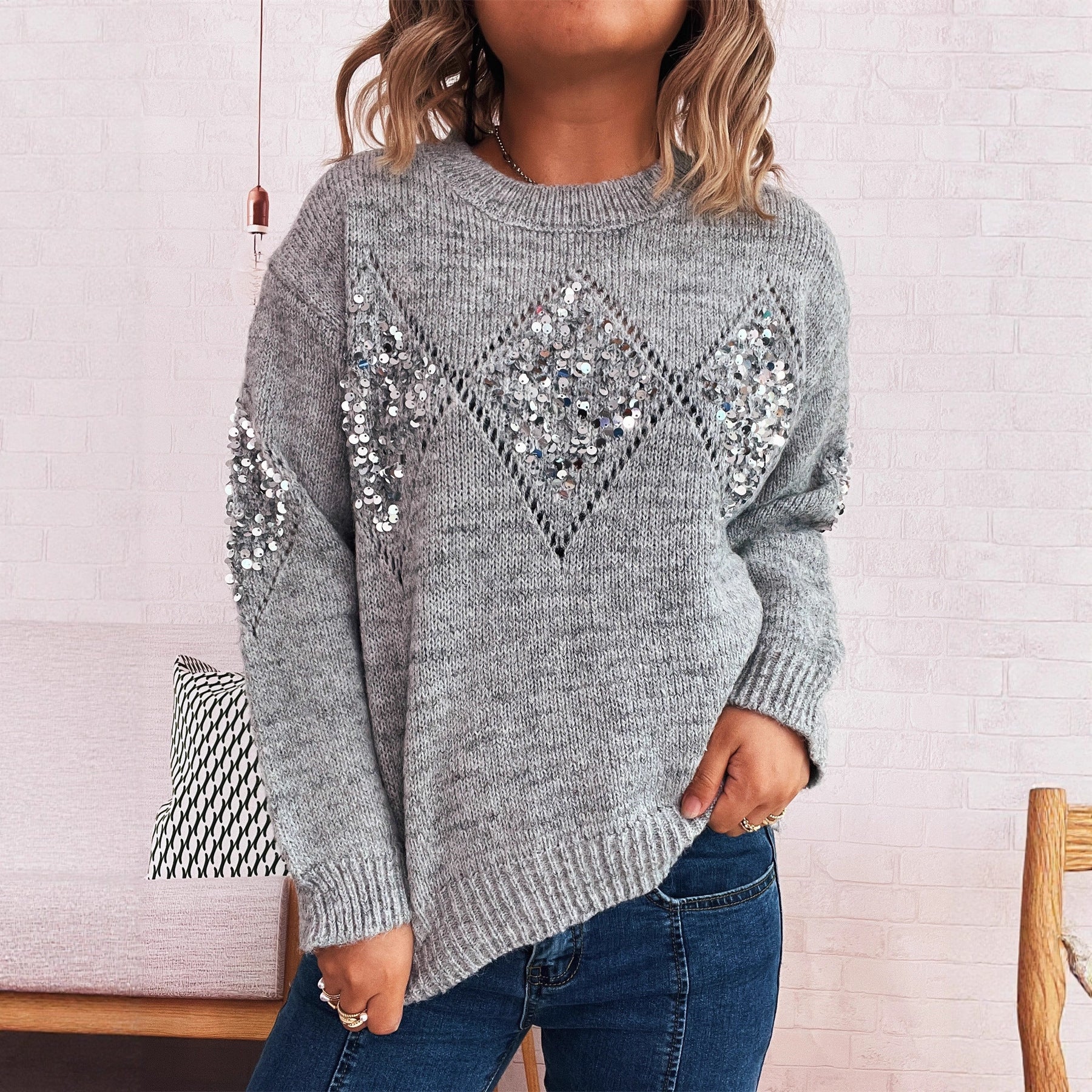 Damen Strickpullover Glitzerpailletten Elegant Schwarz Eveloria - Eveloria