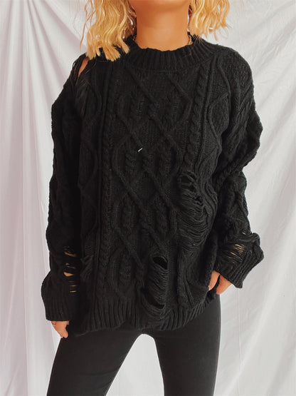 Damen Oversized Pullover Strukturiertes Zopfmuster Fransen Beige