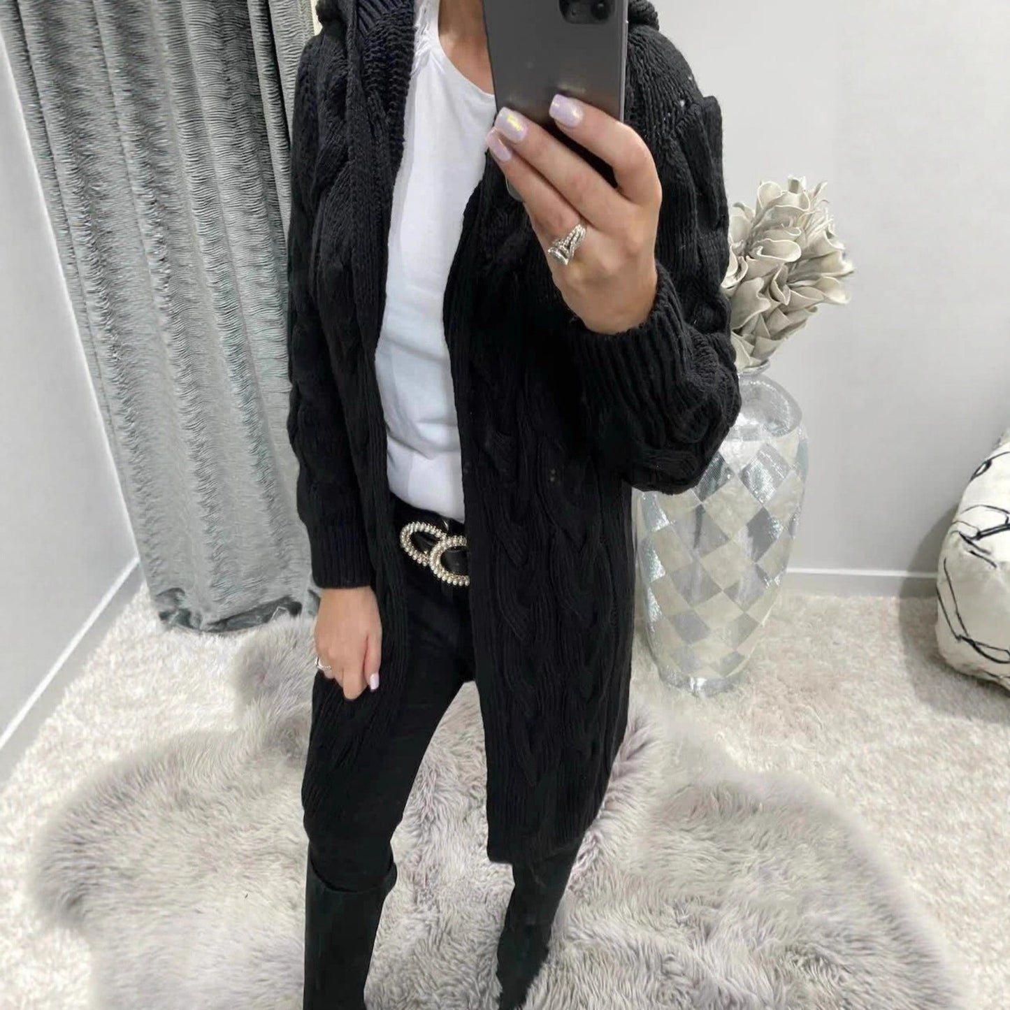 Damen Cardigan Grobstrick Zopfdesign Beige mit Taschen