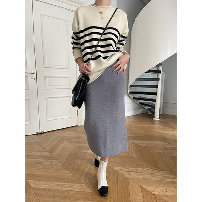 Damen Pullover Gestreift Rundhals Feinestricks weiß