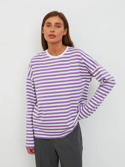 Damen Langarmshirt Streifen Lässiger Schnitt Rundhalsausschnitt