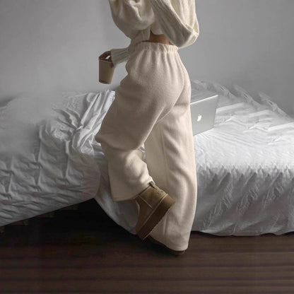 Damen Freizeithose Hochbund mit Taschen Kuschelstoff Beige