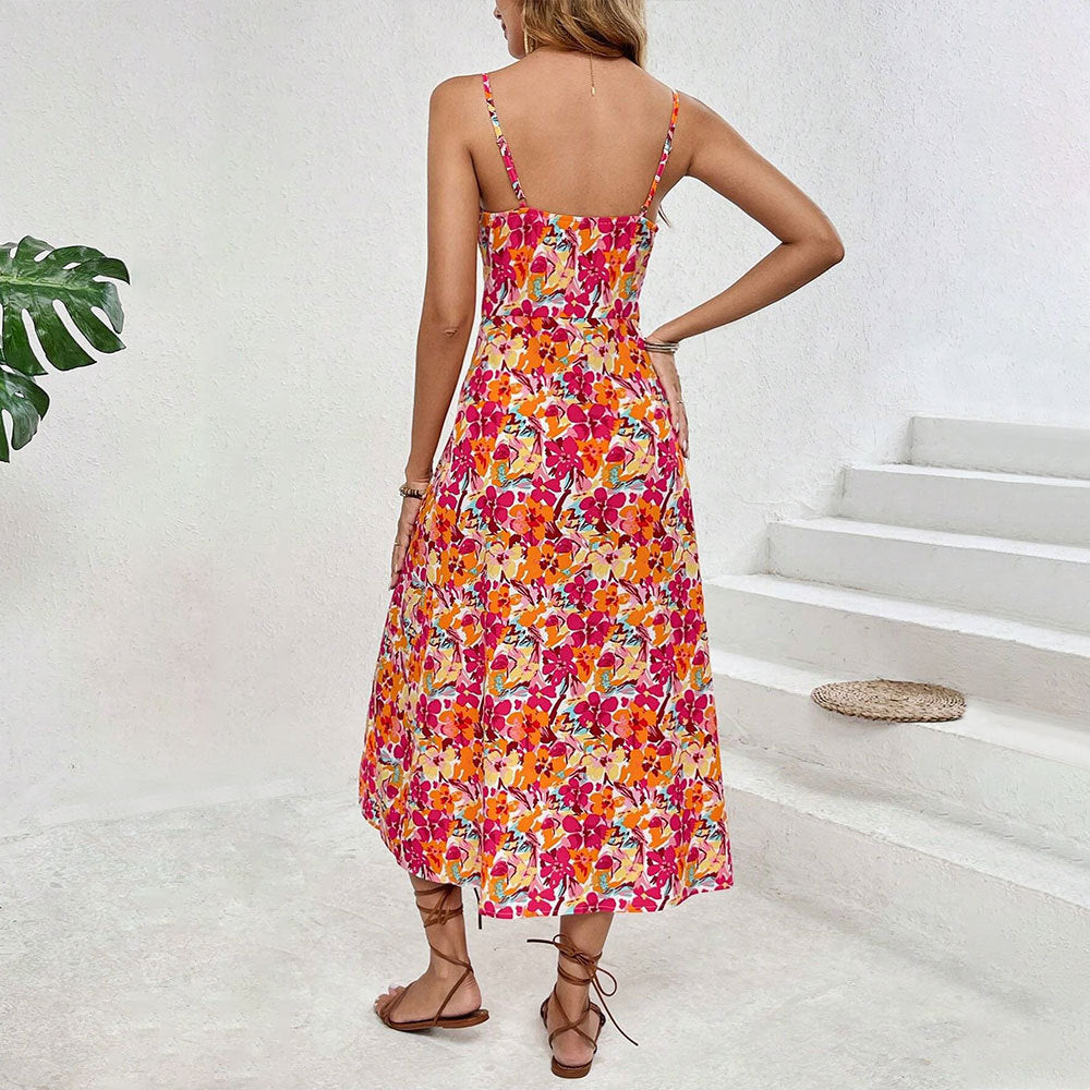 Damen Blumenkleid Midi mit seitlichem Schlitz Spaghettiträger
