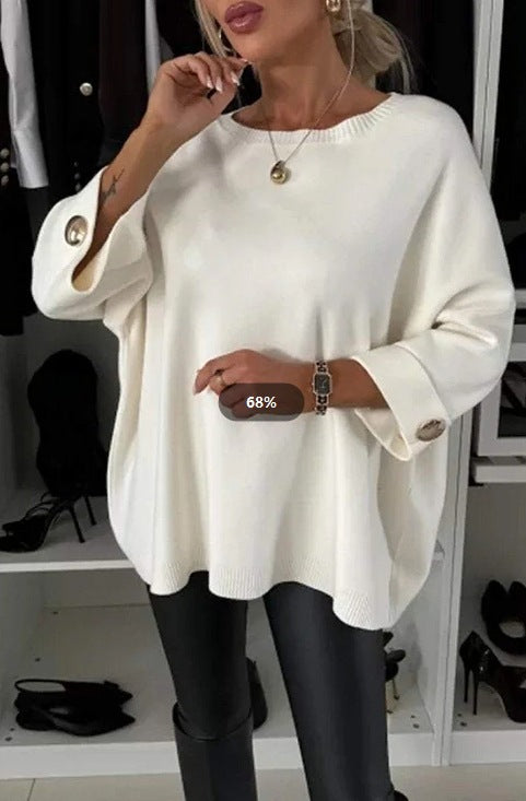 Damen Strickpullover Weit Ärmel Knopfdetails Eveloria
