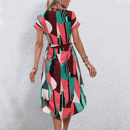 Damen Maxikleid Geometrisches Design Taillengürtel