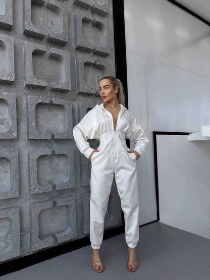 Damen Jumpsuit Tiefes Dekolleté Kapuze Eveloria