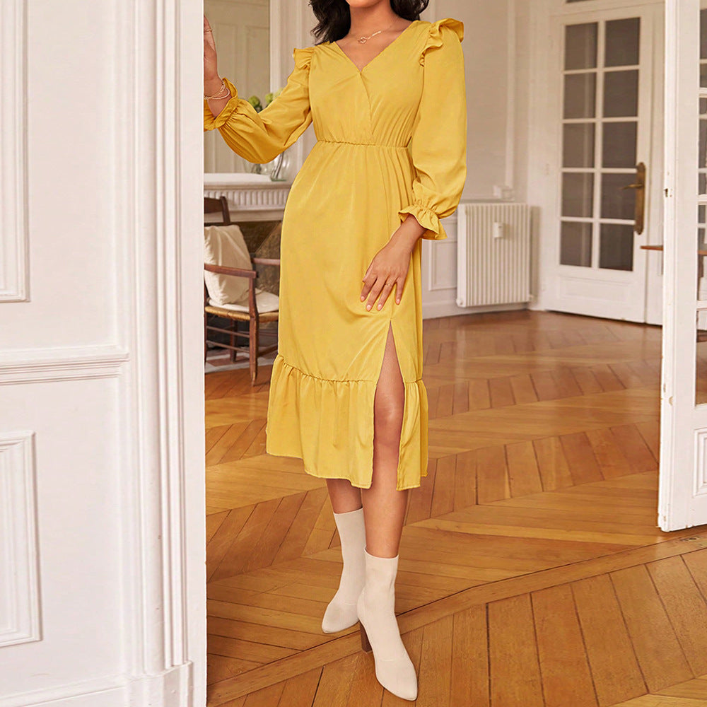 Damen Midikleid Elegant Rüschendesign Schlitz Seitlich Eveloria
