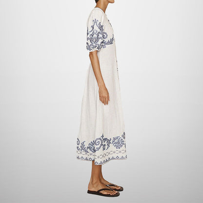 Damen Midikleid Stickmuster Voluminöse Ärmel Eveloria