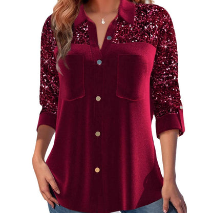 Damen Bluse mit Paillettenärmel Glitzer Effekt