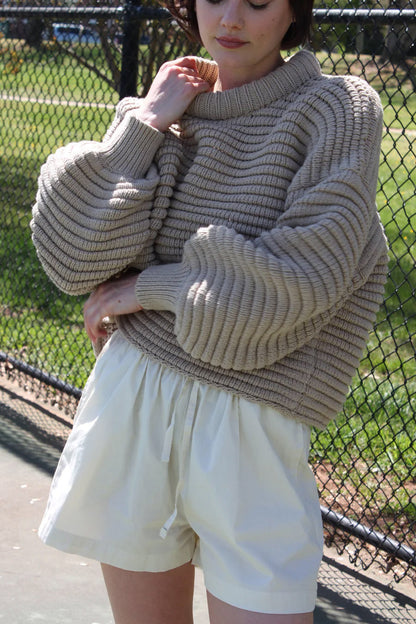 Damen Strickpullover Hohler Kragen Breite Rippbündchen Beige