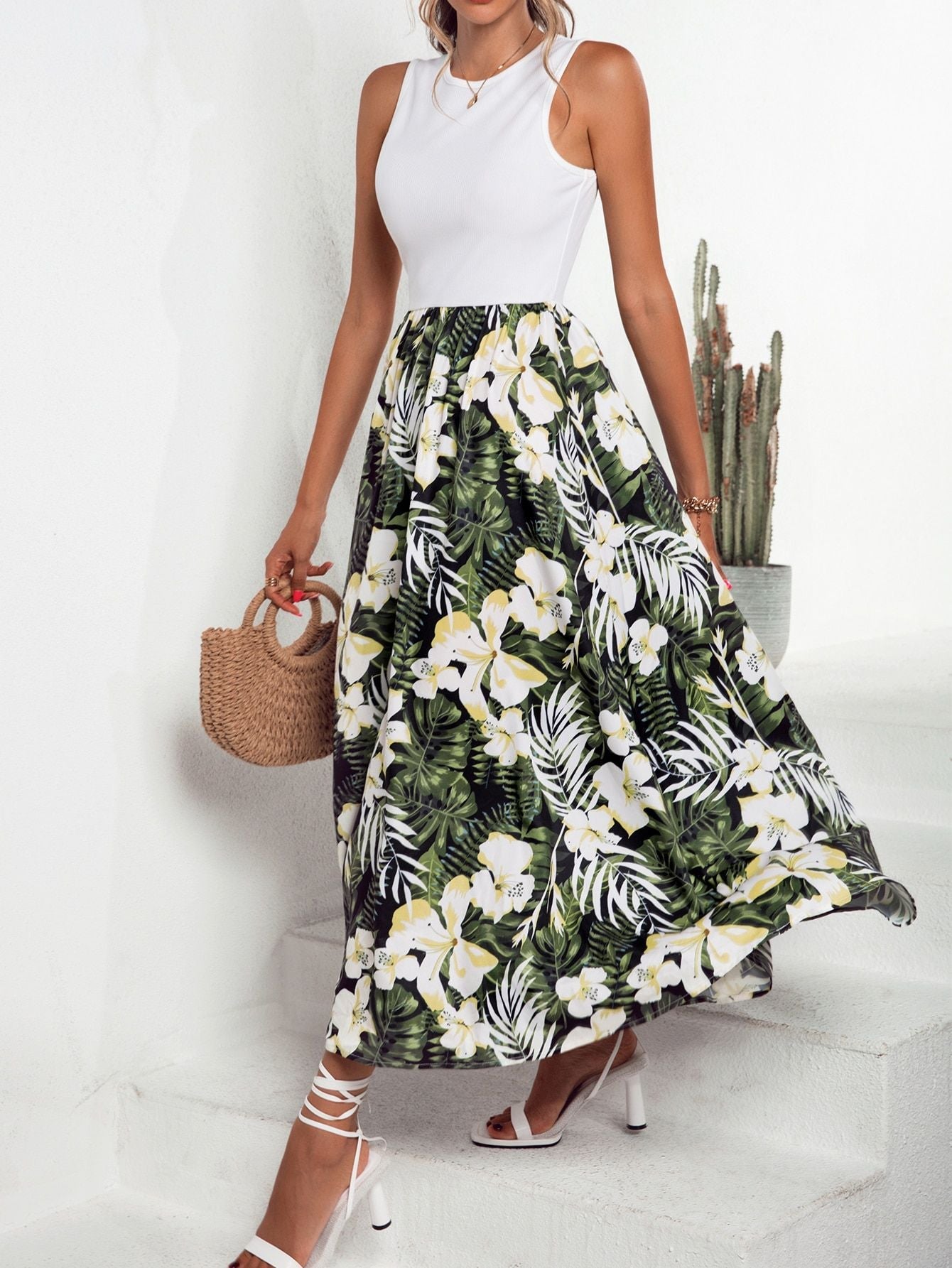 Damen Maxirock Floralmuster Schwingender Saum Eveloria