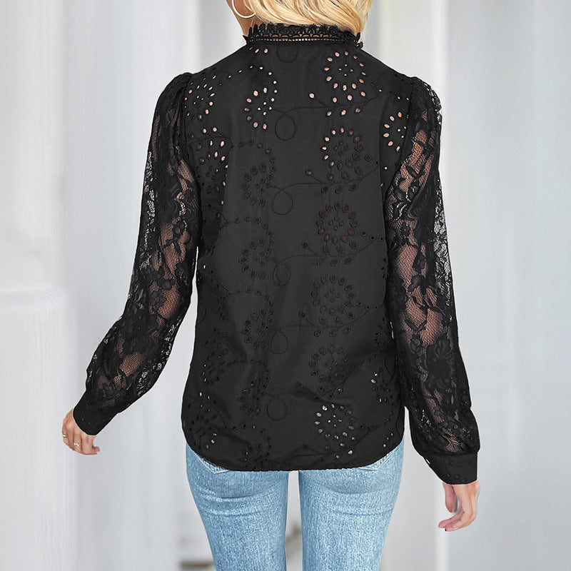 Damen Bluse mit Lochmuster und Rüschen Eveloria