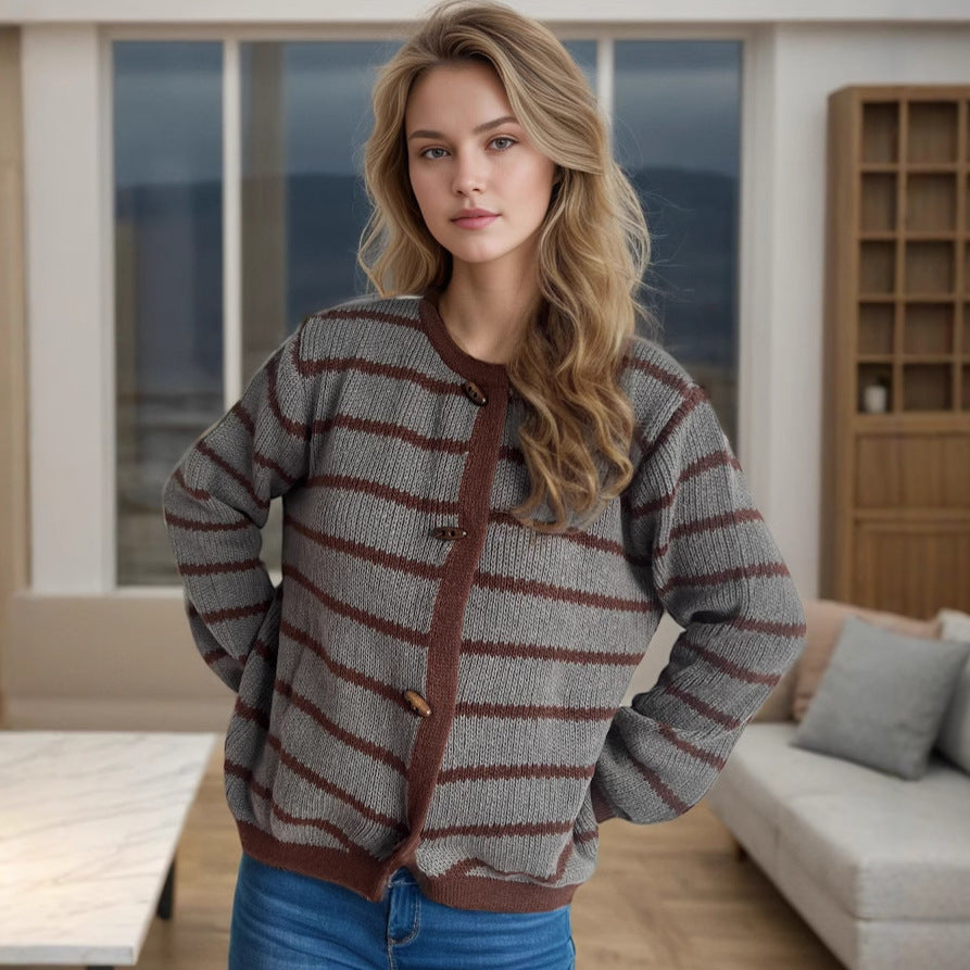 Damen Strickcardigan mit Holzknöpfen und Streifenmuster