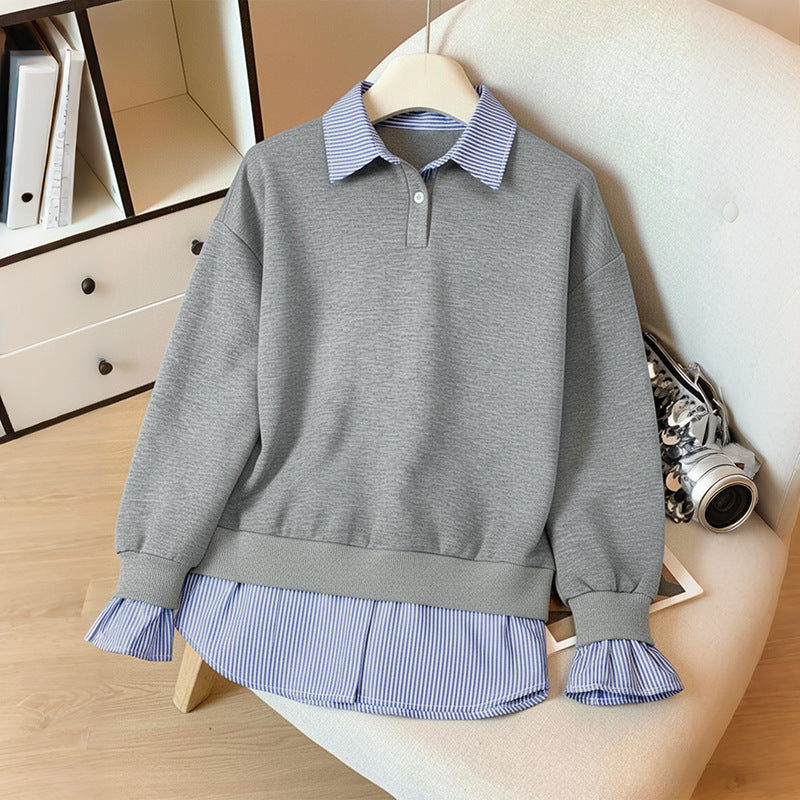 Damen Sweatshirt Hemdblusen-Design aus Baumwolle Elegant Beige - Eveloria