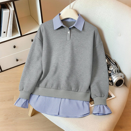 Damen Sweatshirt Hemdblusen-Design aus Baumwolle Elegant Beige - Eveloria